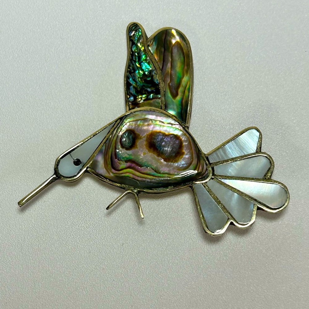 Vintage Signed Mexico Alpaca Silver MOP Abalone Shell Inlay Hummingbird Brooch